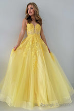 Yellow Tulle Appliques Lace-Up A Line Long Prom Dress