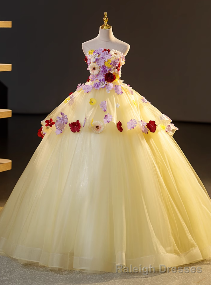 Yellow Tulle Colorful Flower Strapless Princess Dress Main image