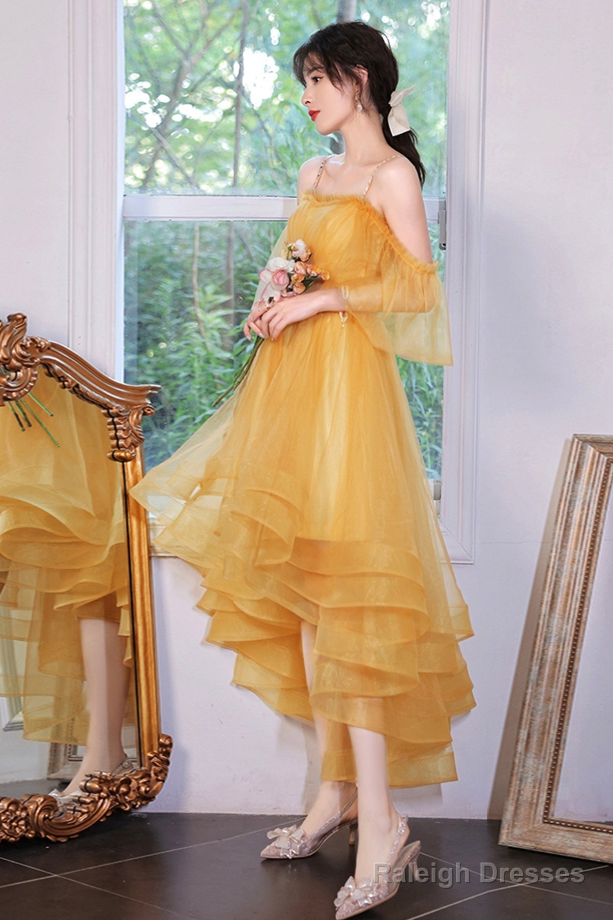 Yellow Tulle High Low Prom Dresses, A-Line Evening Dresses Secondary image