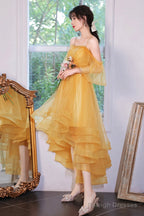 Yellow Tulle High Low Prom Dresses, A-Line Evening Dresses