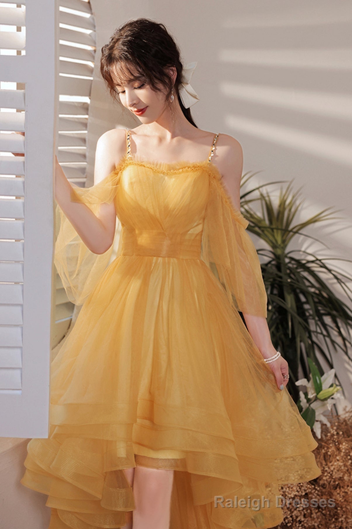 Yellow Tulle High Low Prom Dresses, A-Line Evening Dresses