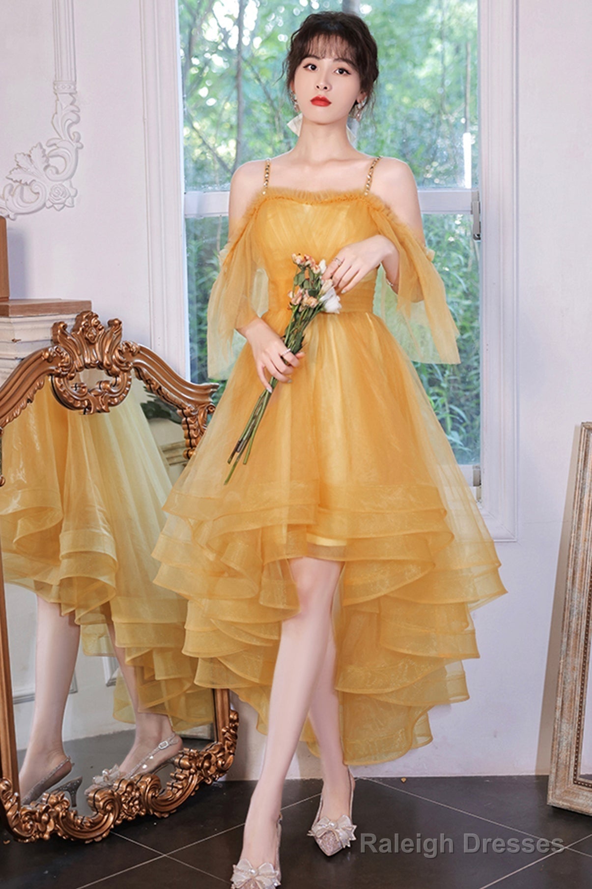 Yellow Tulle High Low Prom Dresses, A-Line Evening Dresses Main image