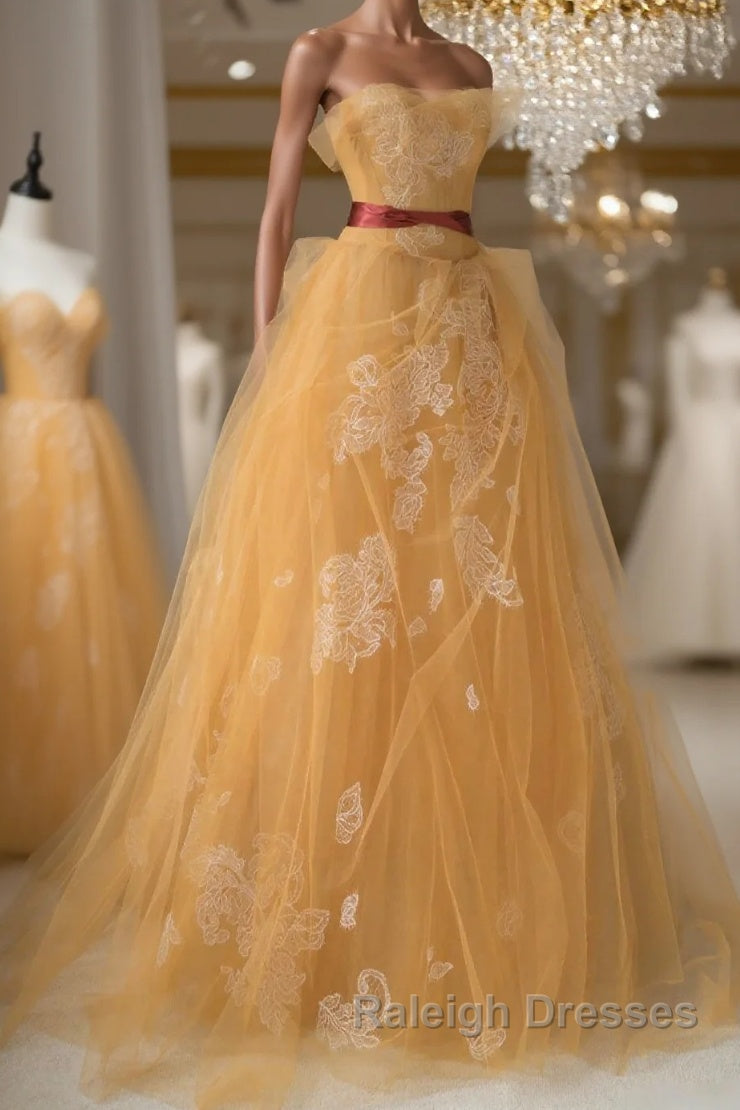 Yellow tulle lace long prom dress, yellow tulle formal dress