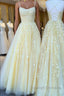 Yellow tulle lace long prom dress, yellow tulle lace formal dress