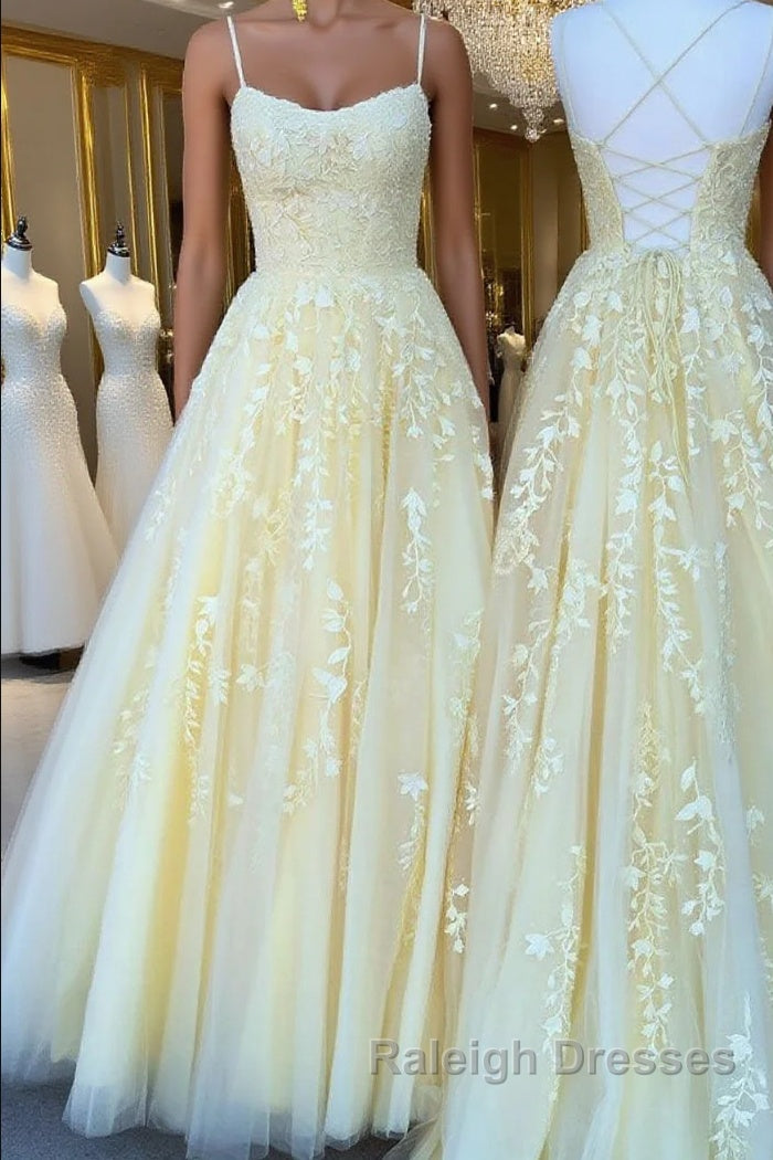 Yellow tulle lace long prom Dresses yellow tulle lace Prom Dresses