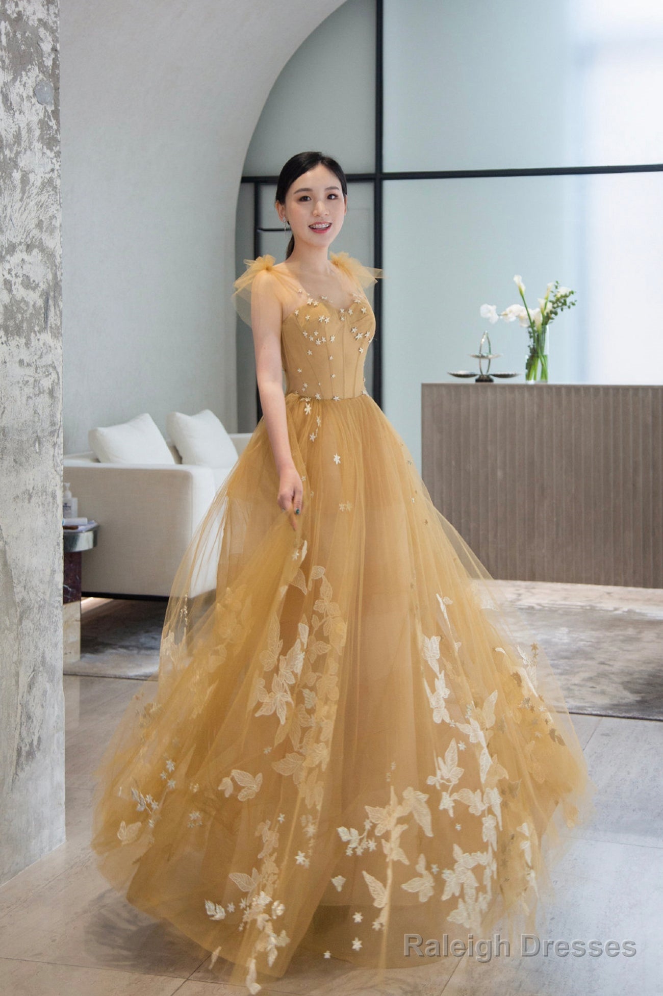 Yellow Tulle Lace Long Prom Dresses, A-Line Evening Gowns