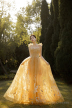 Yellow Tulle Lace Long Prom Dresses, A-Line Evening Gowns