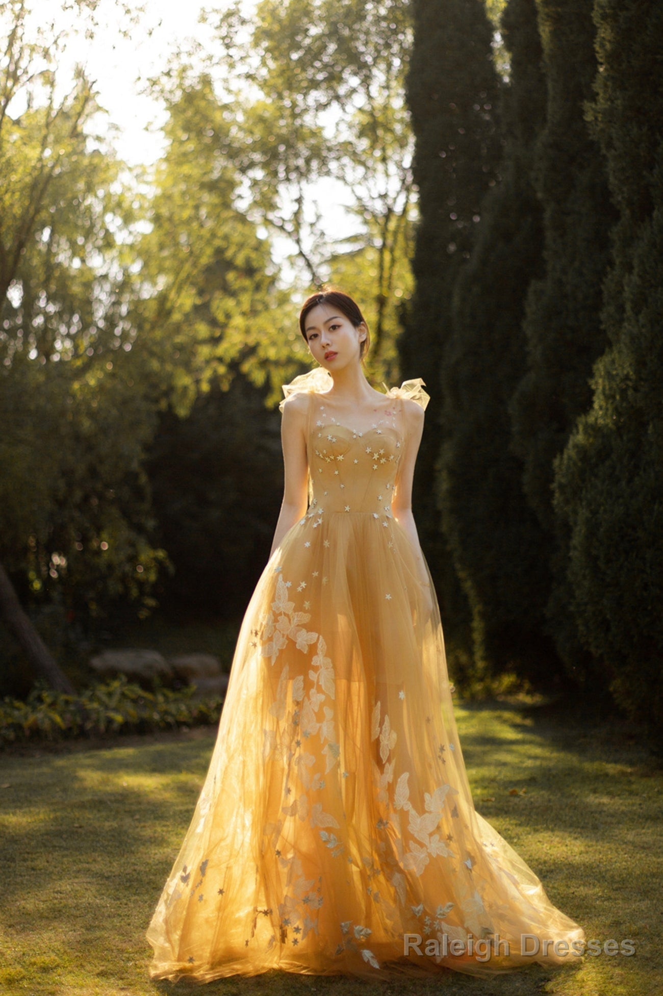 Yellow Tulle Lace Long Prom Dress A-Line Prom Gown