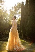 Yellow Tulle Lace Long Prom Dresses, A-Line Evening Gowns