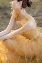 Yellow Tulle Lace Long Prom Dresses, A-Line Evening Gowns