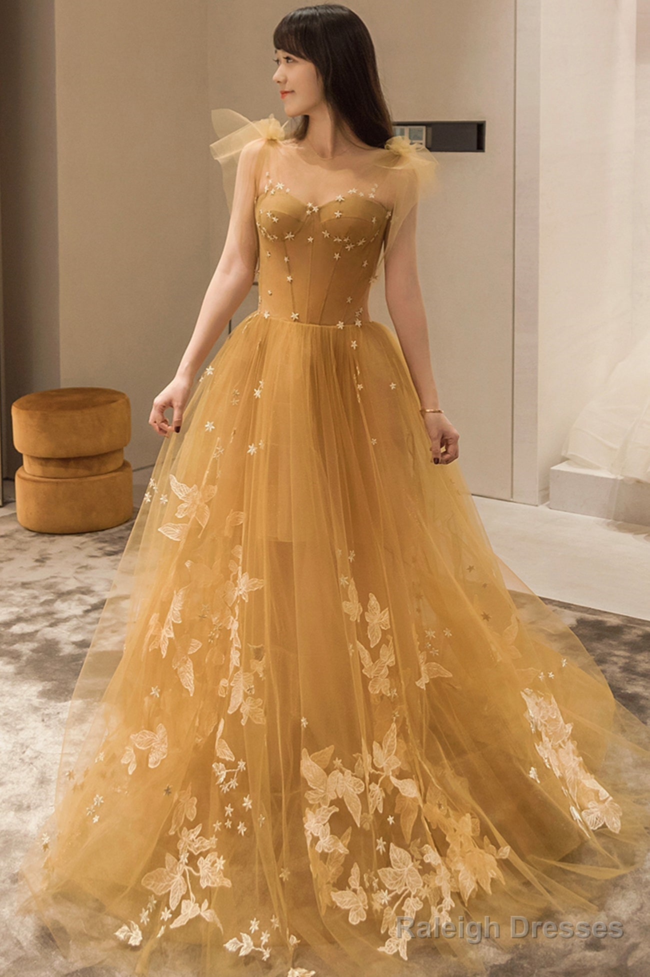 Yellow Tulle Lace Long Prom Dresses, A-Line Evening Gowns