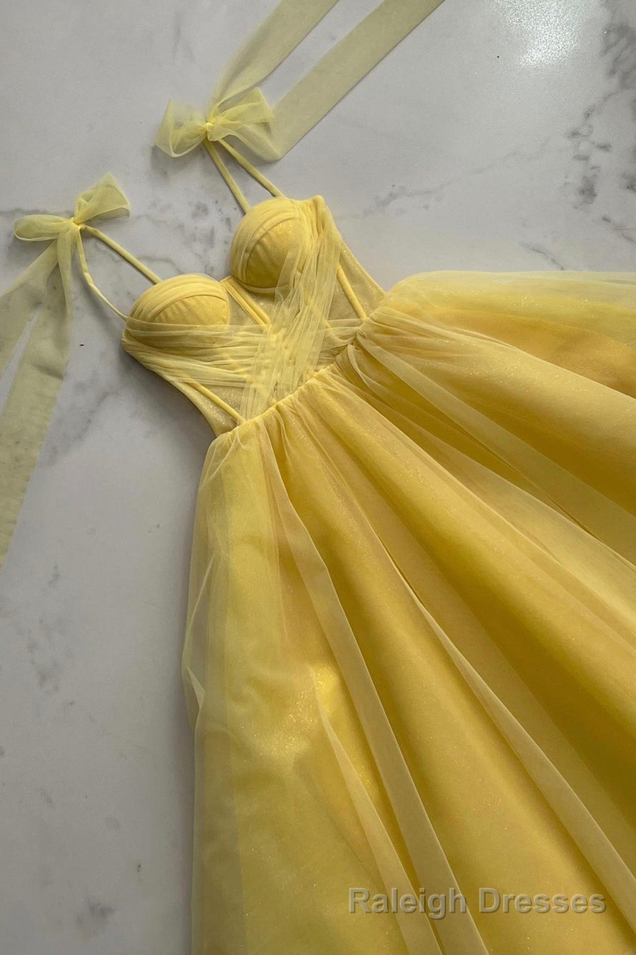 Yellow Tulle Long A Line Prom Dress, Cute Spaghetti Strap Prom Dress Main image