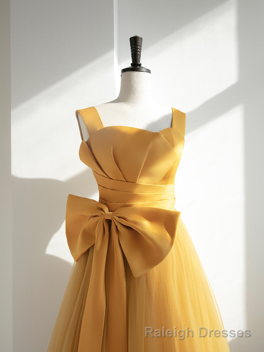 Yellow Tulle Long Prom Dress with Bow, Yellow Prom Dress Prom Gowns