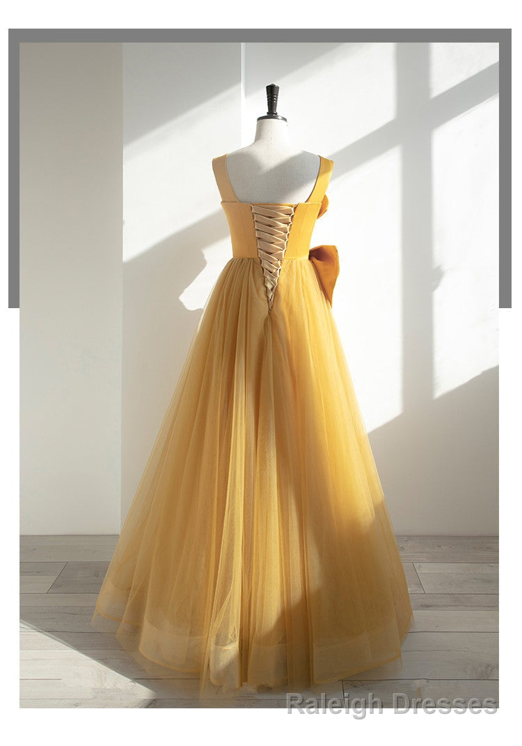 Yellow Tulle Long Prom Dress with Bow, Yellow Prom Dress Prom Gowns
