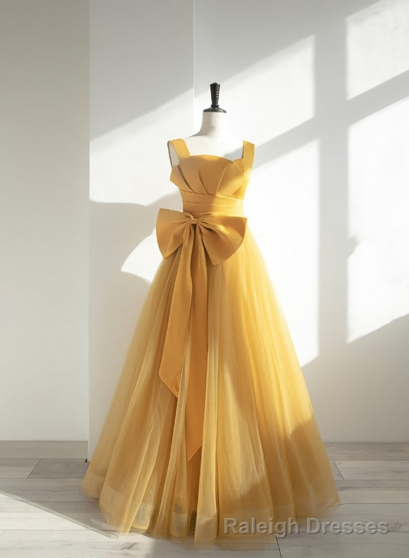Yellow Tulle Long Prom Dress with Bow, Yellow Prom Dress Prom Gowns Main image