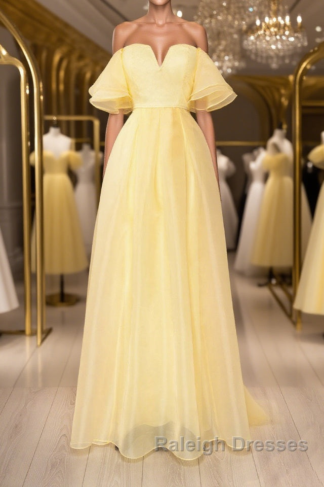 Yellow tulle off shoulder long prom dress yellow formal dress Main image