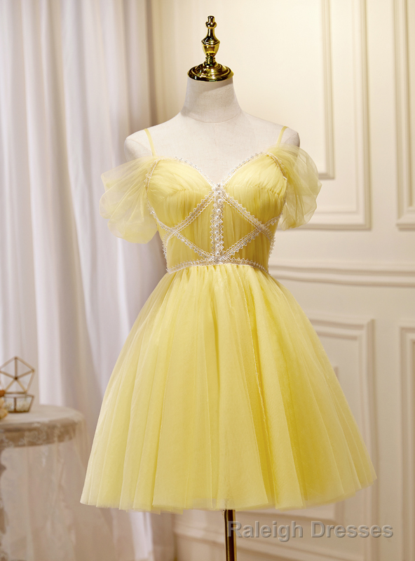 Yellow Tulle Off the Shoulder Pleats Homecoming Dress Main image