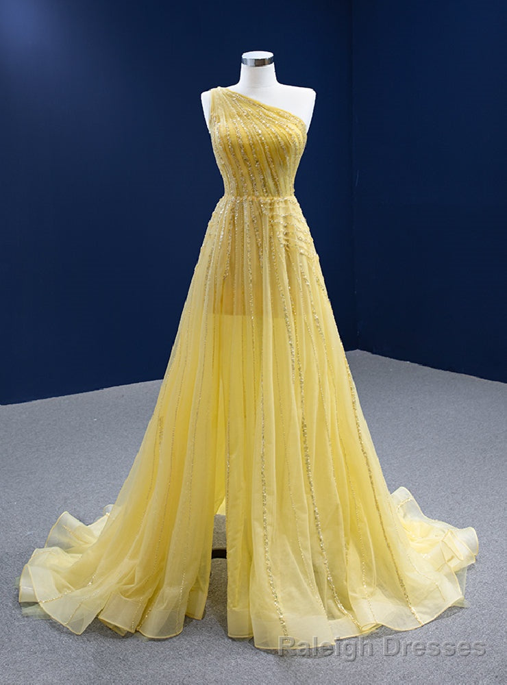 Yellow Tulle One Shoulder Pleats Beading Prom Dress Main image