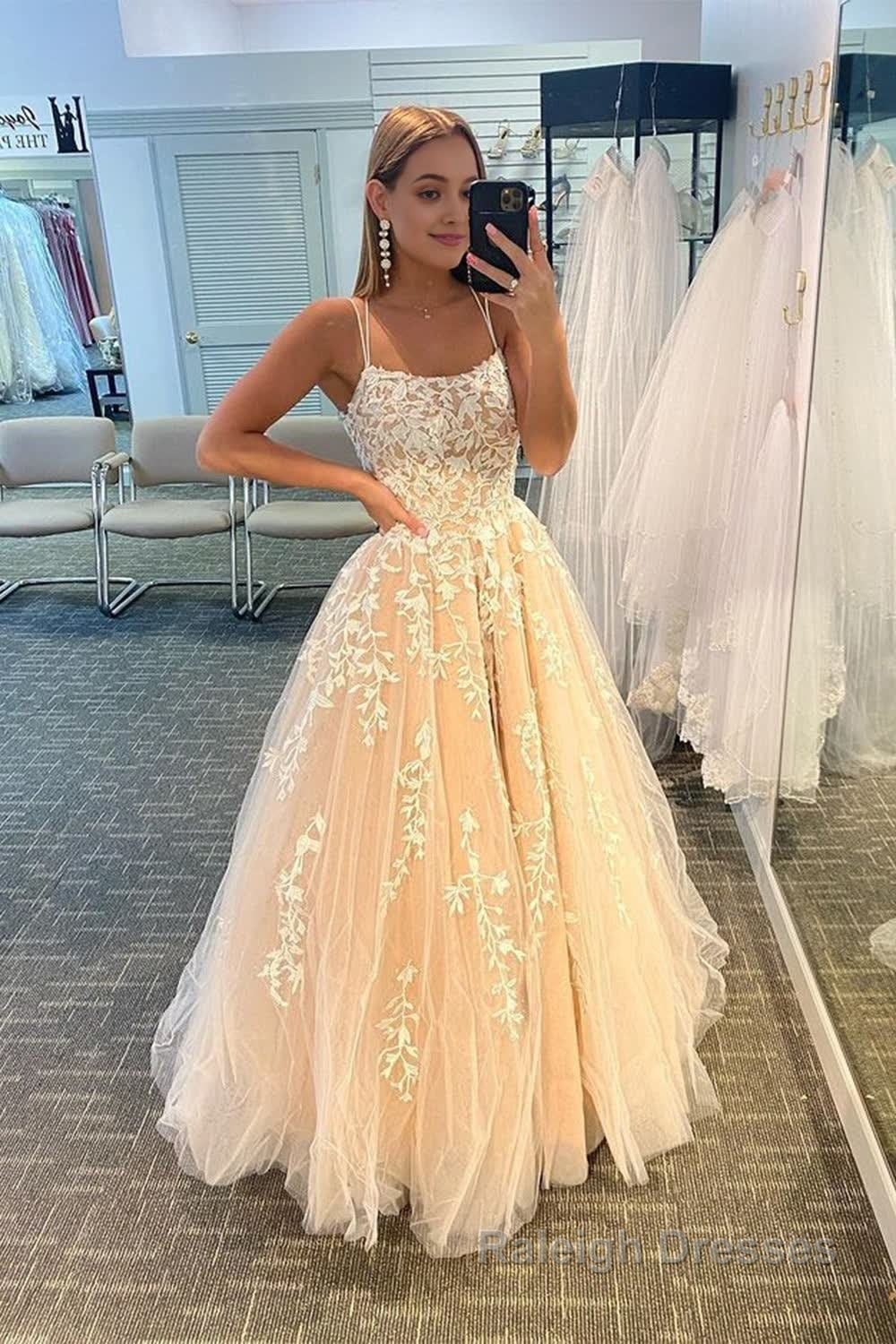 Yellow Tulle Prom Dress with Appliques