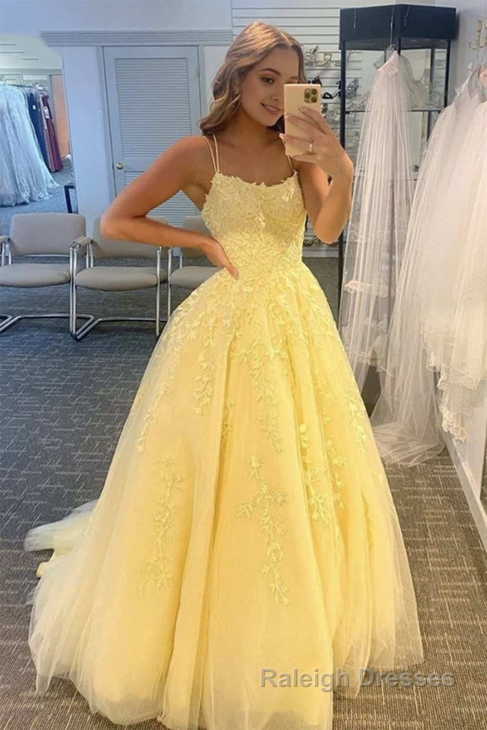 Yellow Tulle Prom Dress with Appliques Main image