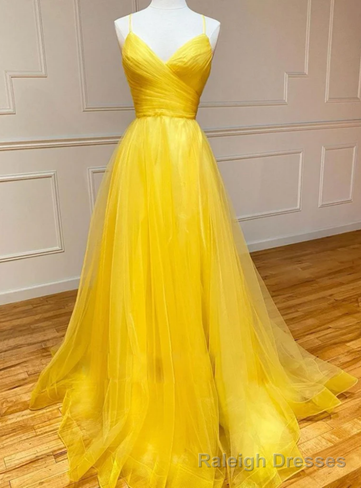 Yellow Tulle Spaghetti Straps Pleats Prom Dress Main image