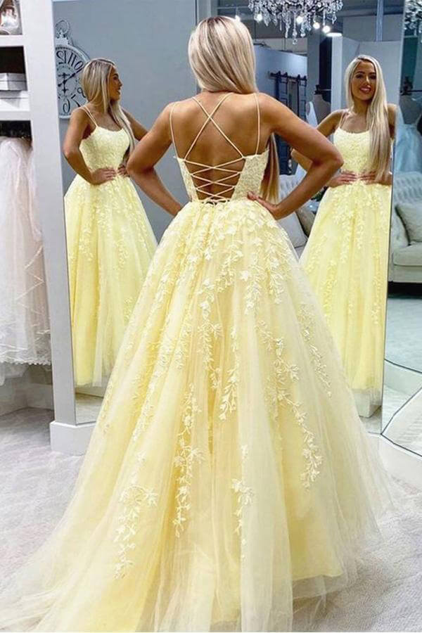 Yellow Tulle Spaghetti Straps Scoop A-Line Prom Dress With Appliques