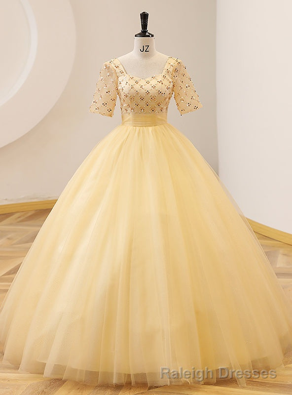 Yellow Tulle Square Short Sleeve Beading Quinceanera Dress Main image