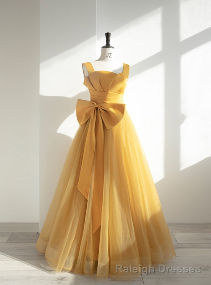 Yellow Tulle Straps Bow Pleats Prom Dress Main image