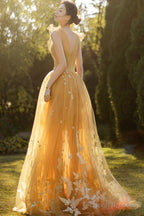 Yellow Tulle With White Lace Long Prom Dresses Yellow Straps Prom Dress