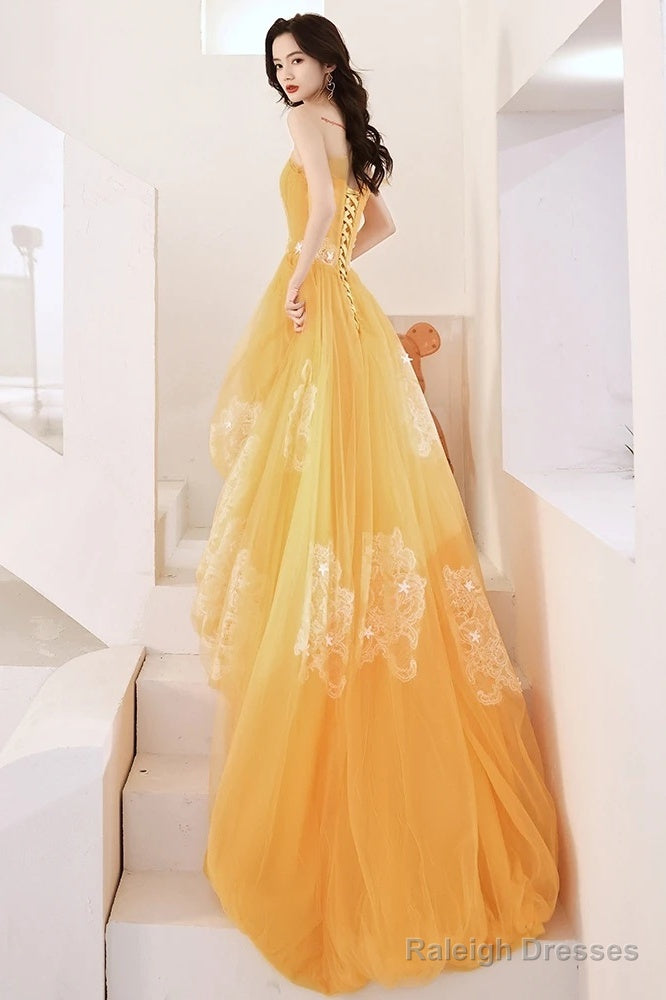 Yellow Unique High Low Tulle With Lace Prom Dresses Yellow Prom Dresseses Secondary image