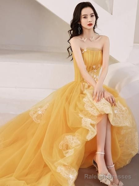 Yellow Unique High Low Tulle With Lace Prom Dresses Yellow Prom Dresseses Main image