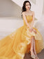 Yellow Unique High Low Tulle With Lace Prom Dresses Yellow Prom Dresseses