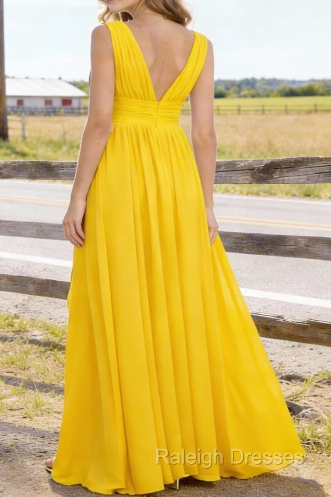 Yellow V Neck Chiffon Floor Length Bridesmaid Dress Long Bridesmaid Dresses With Pleated Split