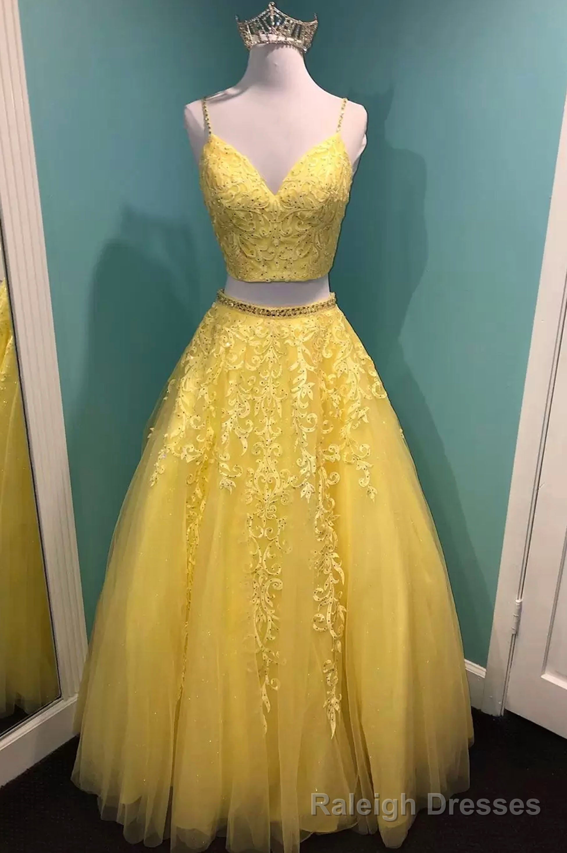 Yellow V Neck Lace Long Prom Dress, Two Pieces Prom Graduation Dress Main image