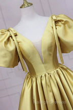 Yellow V-Neck Satin Long Prom Dress, A-Line Puff Sleeves Evening Party Dress