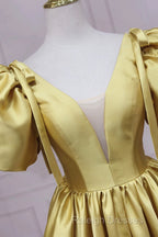 Yellow V-Neck Satin Long Prom Dress, A-Line Puff Sleeves Evening Party Dress