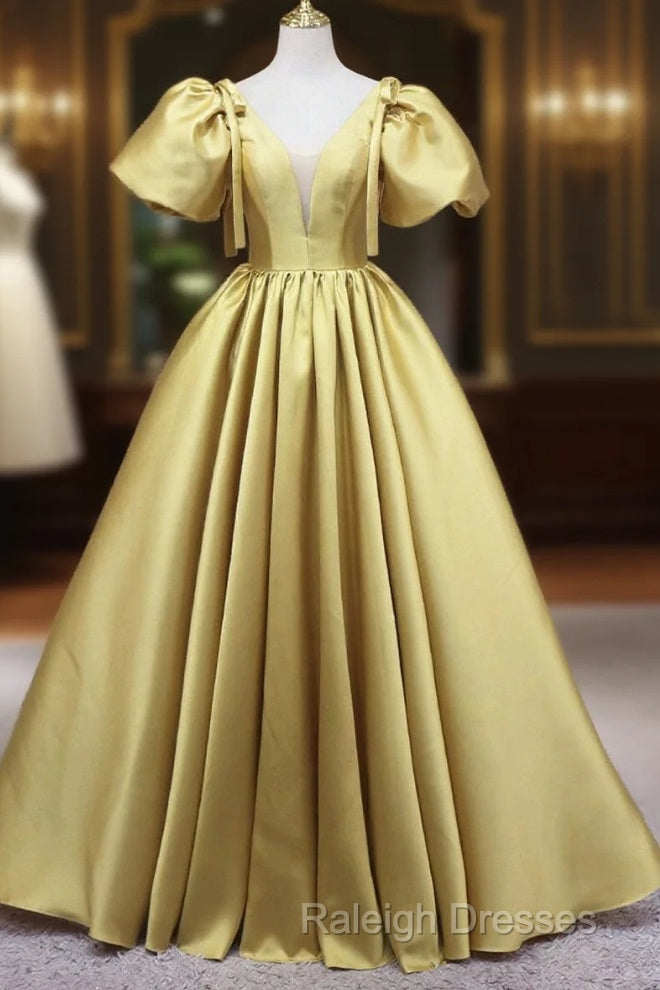 Yellow V-Neck Satin Long Prom Dress, A-Line Puff Sleeves Evening Party Dress Main image