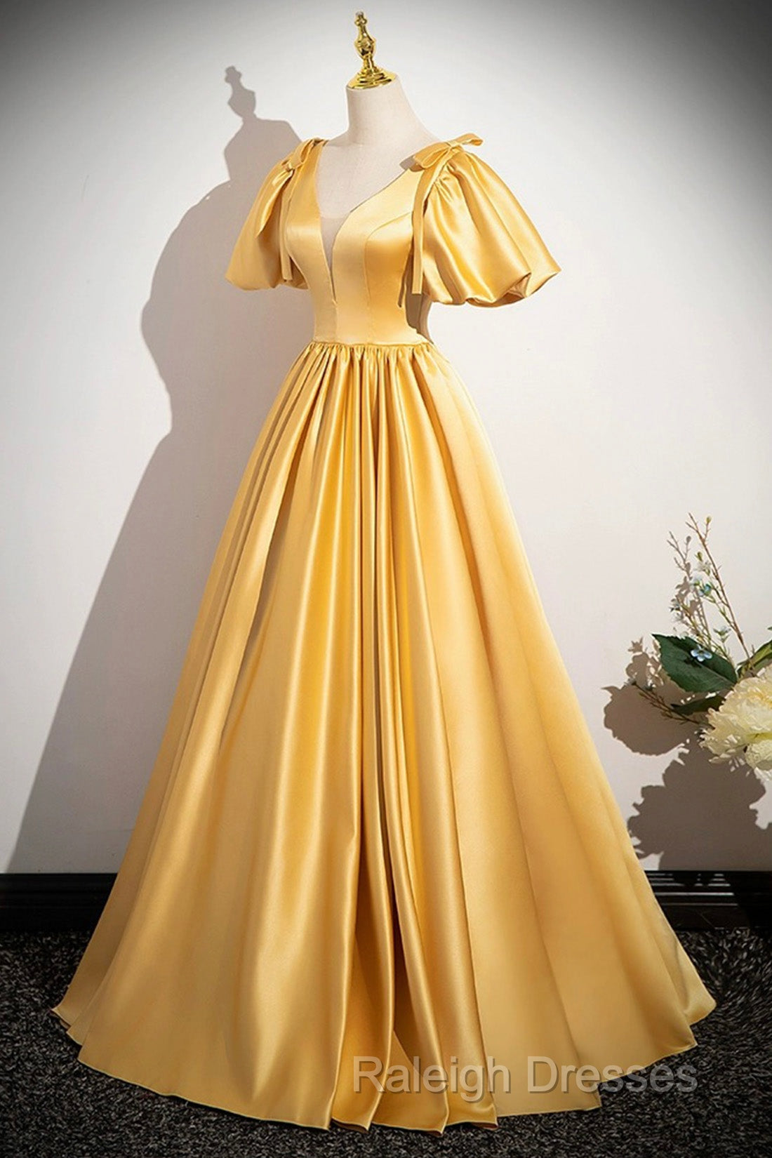 Yellow V-Neck Satin Long Prom Dress, Yellow A-Line Short Sleeve Evening Dress Secondary image