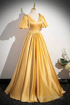 Yellow V-Neck Satin Long Prom Dress, Yellow A-Line Short Sleeve Evening Dress