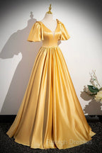 Yellow V-Neck Satin Long Prom Dresses Yellow A-Line Short Sleeve Prom Dresses