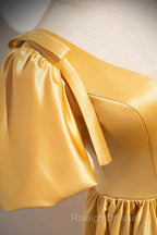 Yellow V-Neck Satin Long Prom Dress, Yellow A-Line Short Sleeve Evening Dress