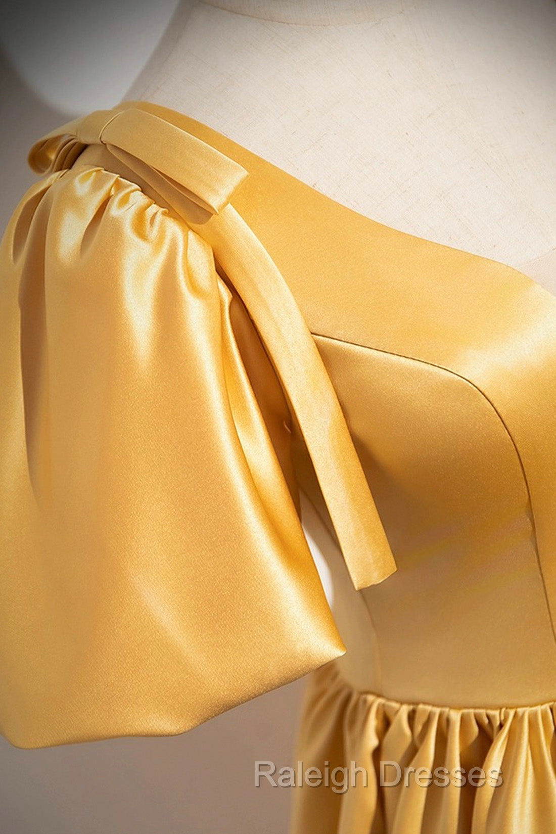 Yellow V-Neck Satin Long Prom Dress, Yellow A-Line Short Sleeve Evening Dress