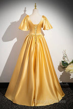 Yellow V-Neck Satin Long Prom Dresses Yellow A-Line Short Sleeve Prom Dresses