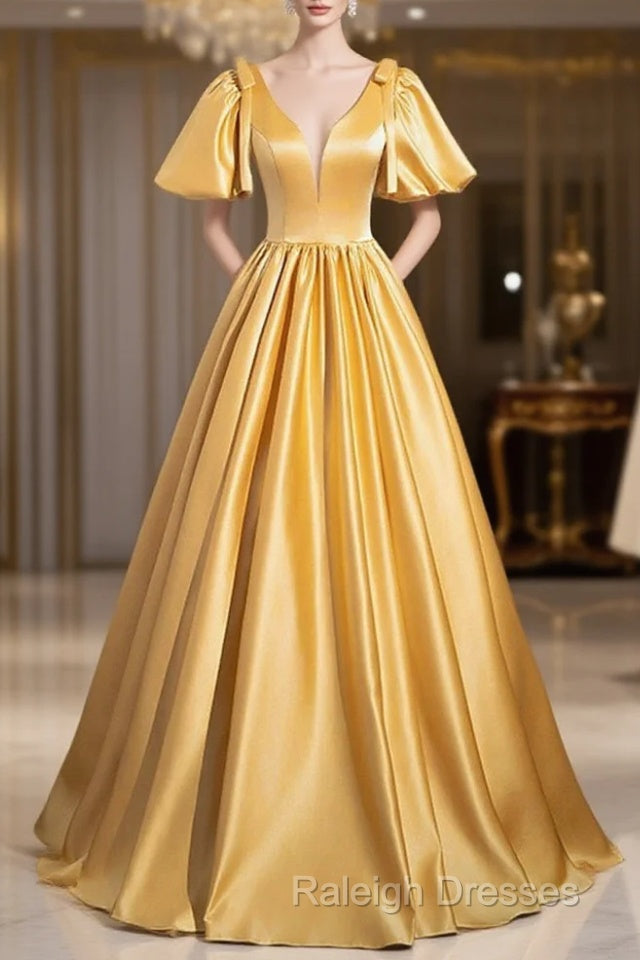 Yellow V-Neck Satin Long Prom Dress, Yellow A-Line Short Sleeve Evening Dress Main image