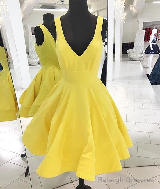 Yellow V Neck Satin Short Prom Dress, Yellow Homecoming Dress
