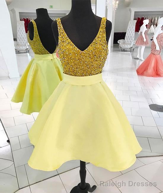 Yellow V Neck Sequin Short Prom Dresses Homecoming Dresses