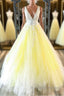 Yellow v neck tulle lace long prom dress yellow formal dress