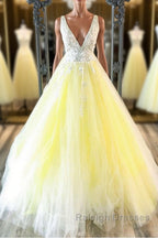 Yellow v neck tulle lace Prom Dresses Long yellow Prom Dresses