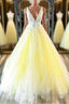 Yellow v neck tulle lace Prom Dresses Long yellow Prom Dresses