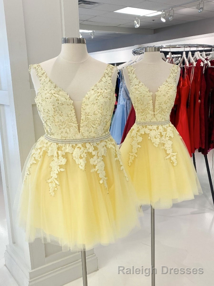 Yellow v neck tulle lace short prom dress, yellow homecoming dress Main image